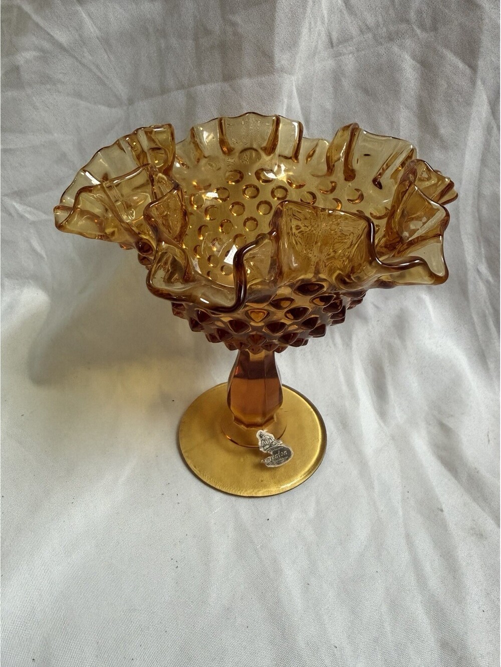 Fenton Amber Hobnail Glass Compote – Vintage Pedestal Candy Dish - Ruffled Rim